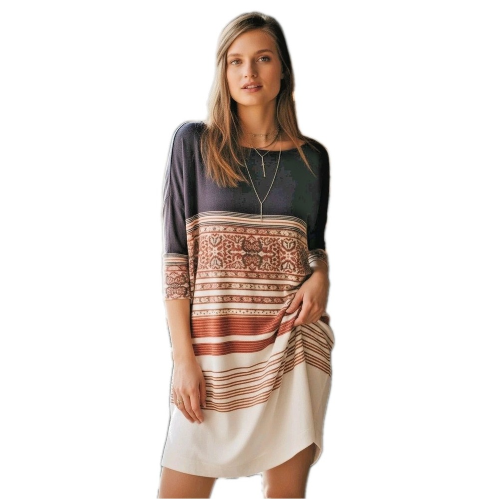 Free People Stepping Out Tunic Knit Dress Womens XS Black Ivory Brown Print READ